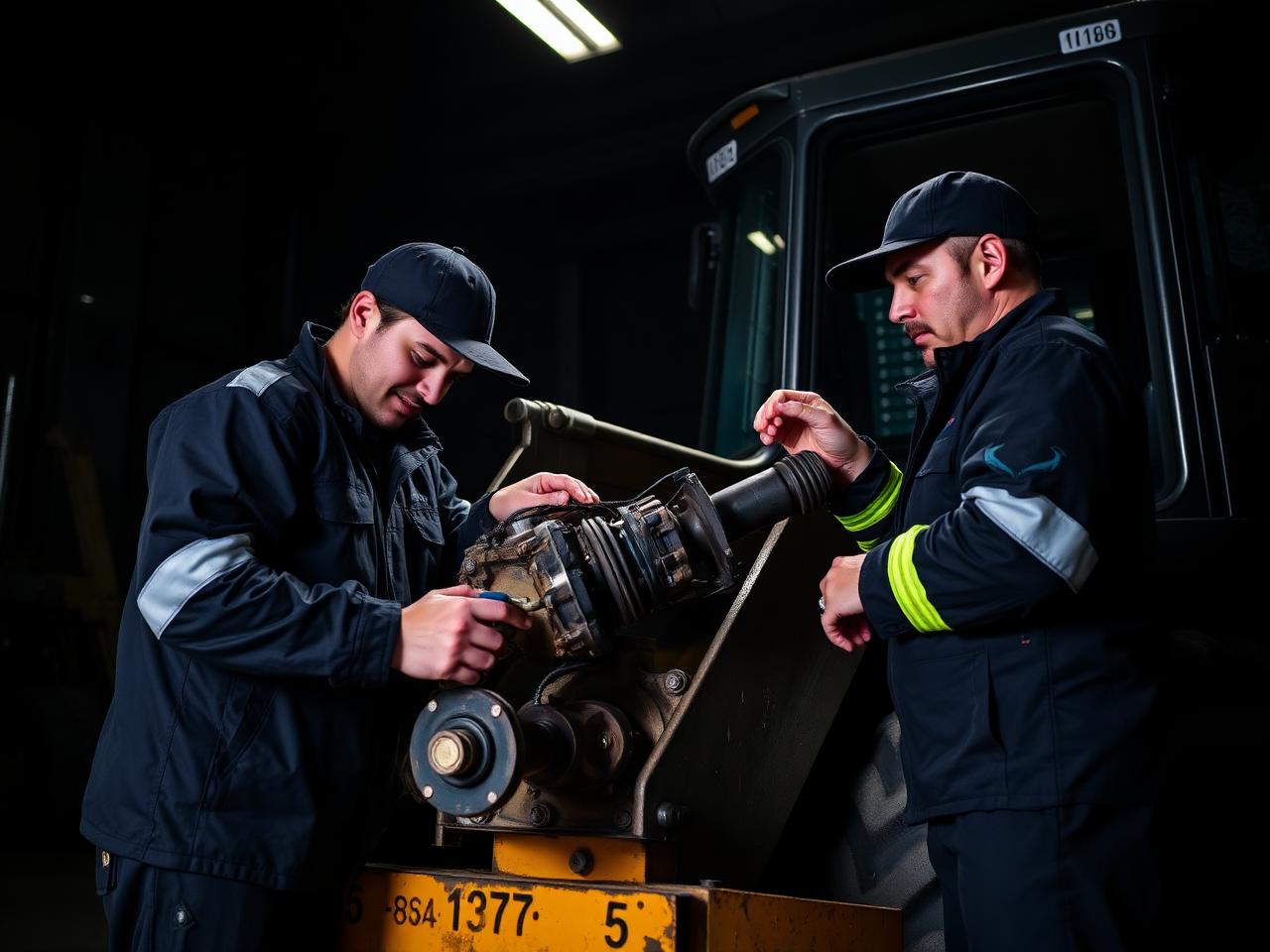 Technicians rebuilding a heavy equipment component in the shop