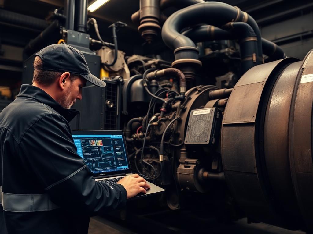Technician running diagnostics on a generator engine