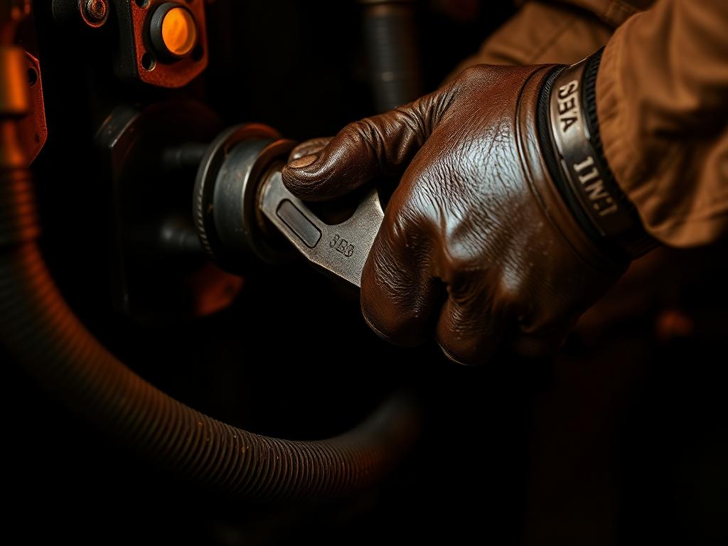 Technician servicing a hydraulic fitting on heavy machinery
