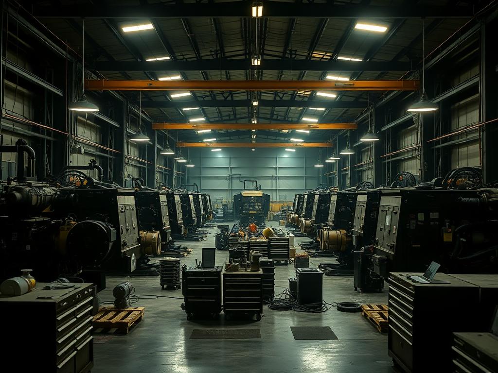 Equipment repair shop interior with service bays